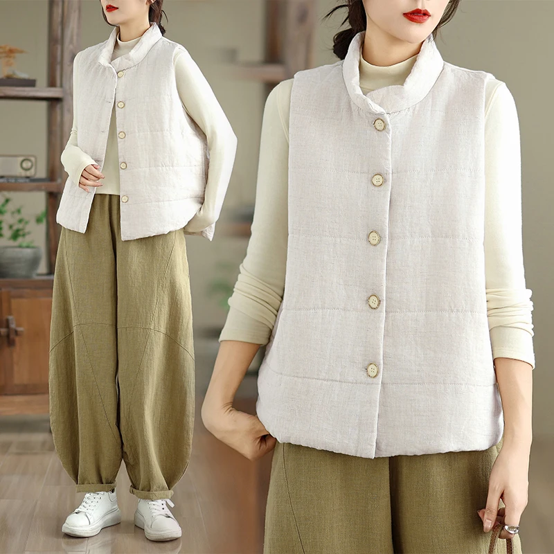

Осенне-зимний жилет из конопли и хлопка, женский легкий теплый однотонный топ с одной пуговицей, художественный ретро-джат