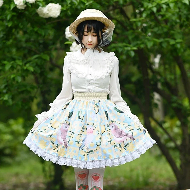 

Ainclu cute cartoon birds lemon Blue Star flower pattern print women girls kawaii Lolita skirt