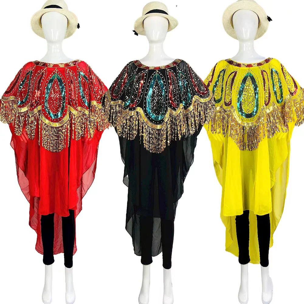 

2024 Summer New Perspective Mesh African Women's Fashion Dress Chiffon Doll Sleeves Sequins and Tassels Loose Versatile Dress