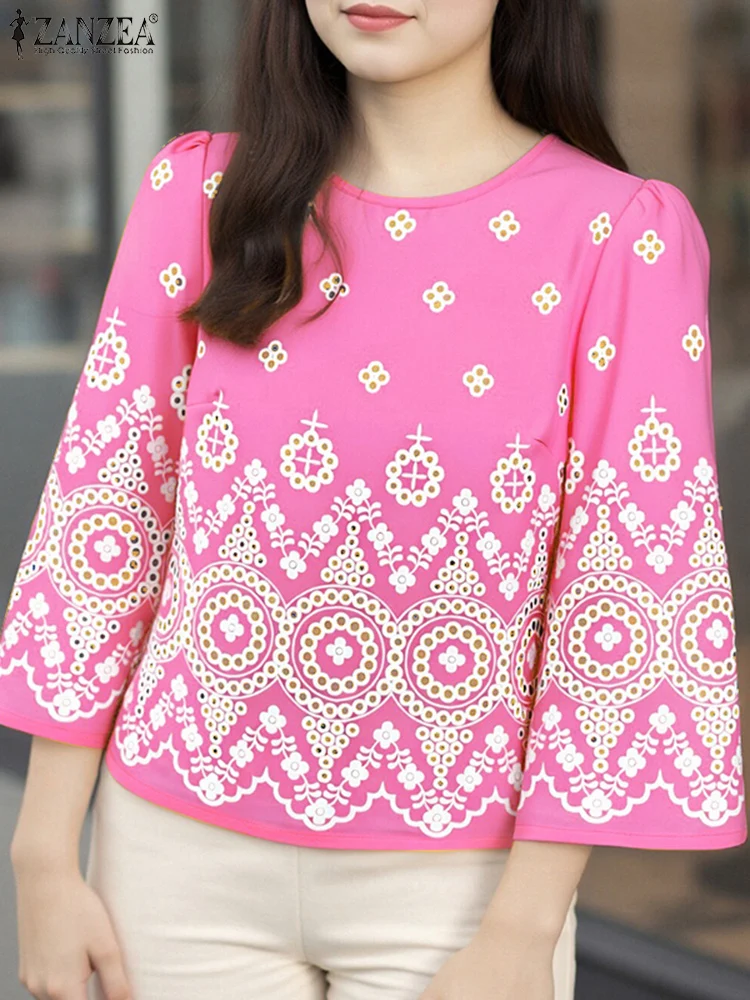 

ZANZEA Women Blouses Fashion 3/4 Flare Sleeve Tops Vintage Floral Printed Blusas Summer O Neck Pullover 2025 Casual Tunics