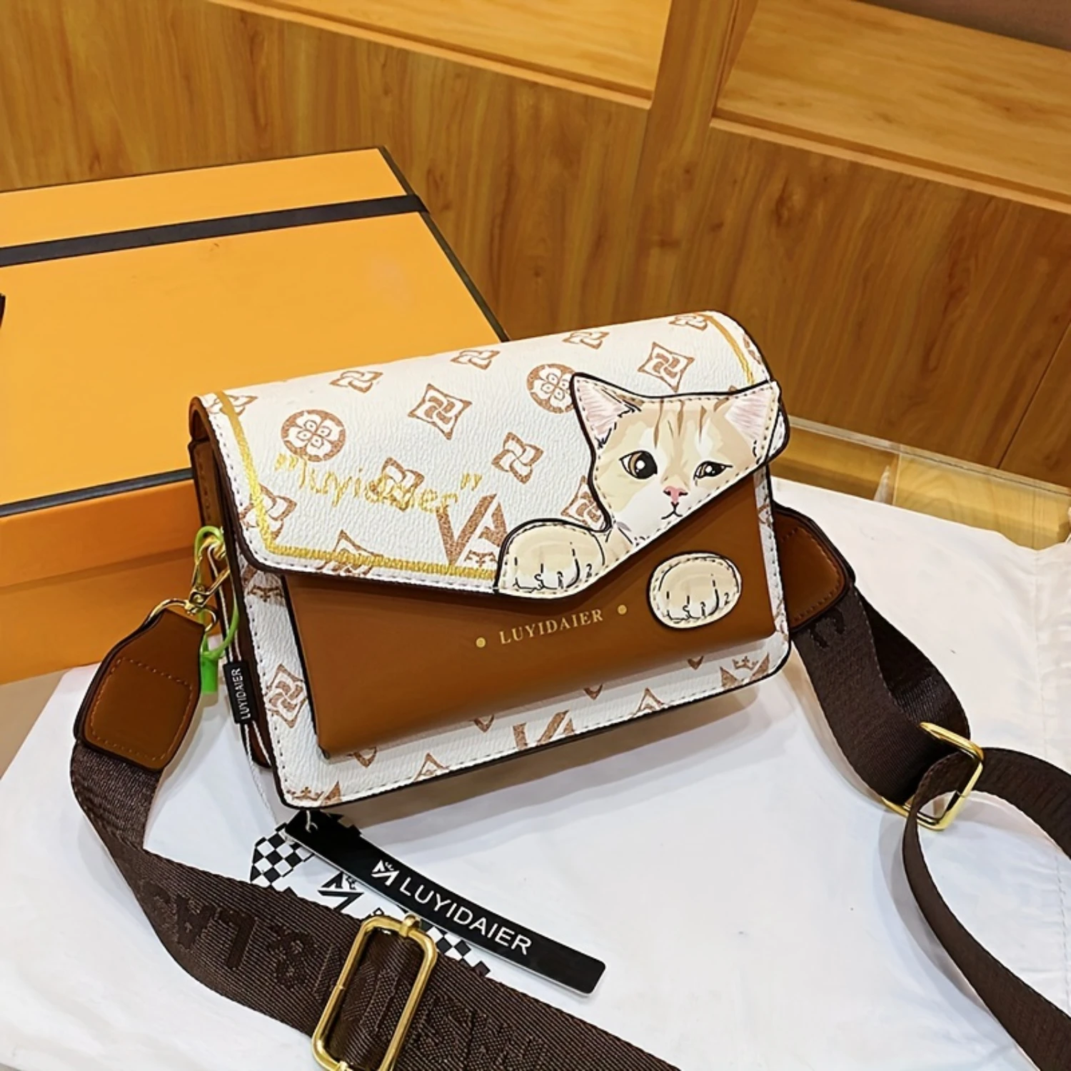 Shoulder Bag With Kawaii Cat Pattern, Mini Retro Plaid Pattern Crossbody Purse For Women