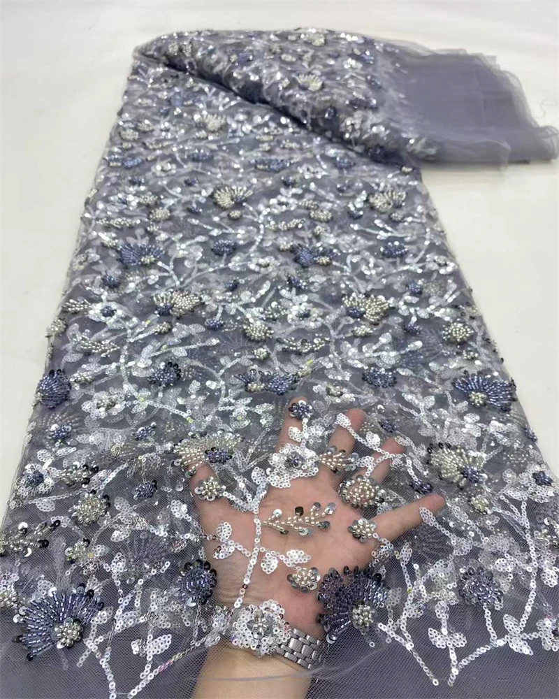 قماش دانتيل تول فرنسي عالي الجودة مع ترتر وخرز مطرز لفساتين الحفلات الأفريقية وصل حديثًا 2025