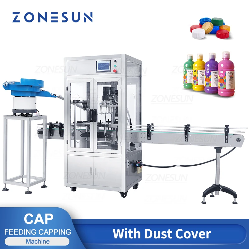ZONESUN ZS-XG440DV Automatic Capping Machine Bottle Jar Screw Tops Feeder Unscrambler Dust Cover Mass Production Line Factory
