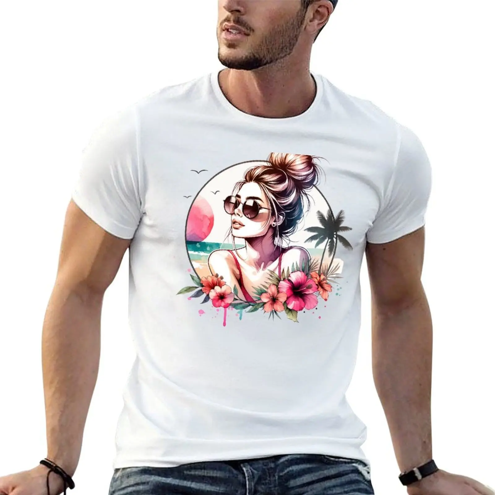 

Messy Bun Babe on Beach - Red T-Shirt t shirts for man graphic vintage man t shirt heavy cotton T-Shirt