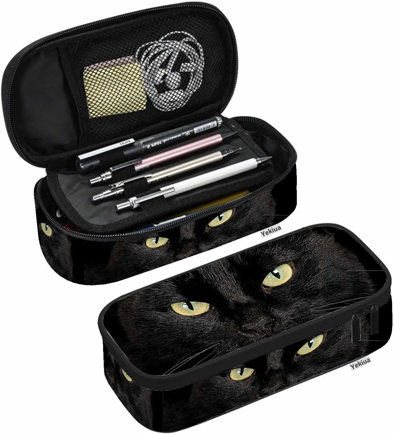 

Yekiua Black Cat Pencil Case Cat Face Beautiful Eyes Big Capacity Pencil Pouch Office College Makeup Bag Black