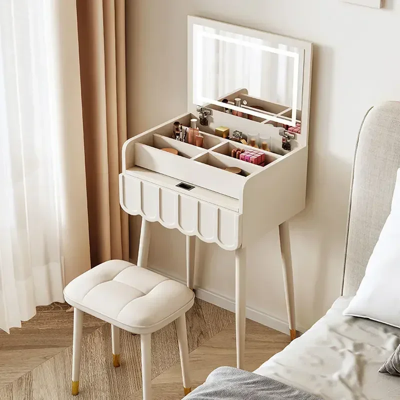 Dressing Table Vanity Desk Set LED Mirror and Storage Chair White Vanity for Bedroom Compact Mini Makeup Vanity Dressing Table