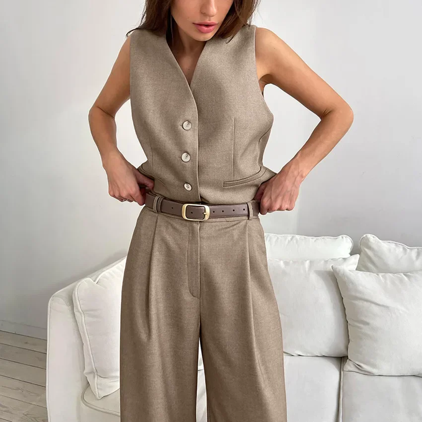 Women Pants Sets Two Pieces Set Sleeveless Vest Single Breasted Wide Leg Pants Cardigan Elegant Office Lady Pockets Solid Sashes