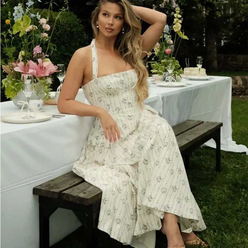 

YENKYE Elegant Halter A-line Midi Long Floral Print Dress Women Cotton Holiday Summer Sexy Backless Dresses Party Robe 2025