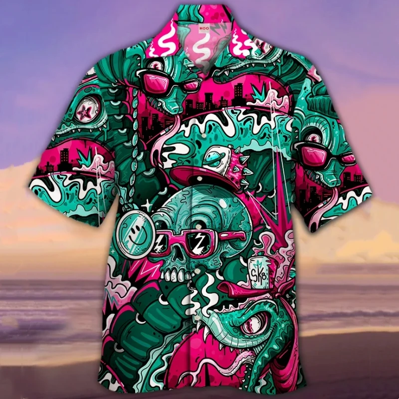 Camisa con estampado de calavera para hombre, camisa Retro informal con cuello cubano, ropa informal de playa, camisas hawaianas de manga corta de gran tamaño