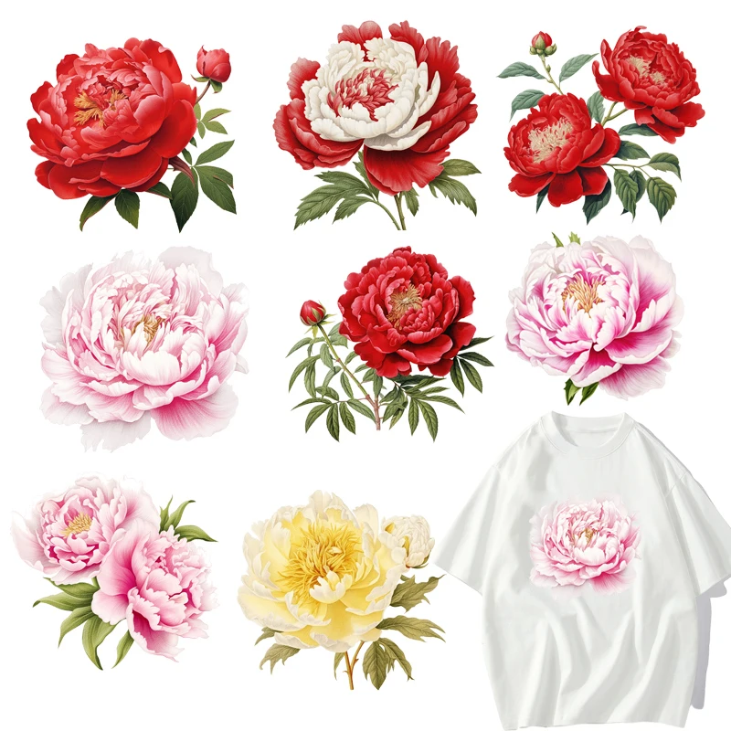 

Red peonies and pink flowers DTF Thermo Sticker Decals Heat Transfer On Clothes Iron On Patch For Hoodies Press Printing