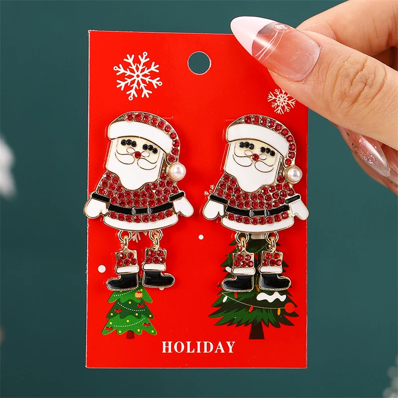 New Fashion Plush Christmas Tree Earrings for Women Cute Rhinestone Santa Claus Bells Drop Earring Xmas New Year Holiday Jewelry