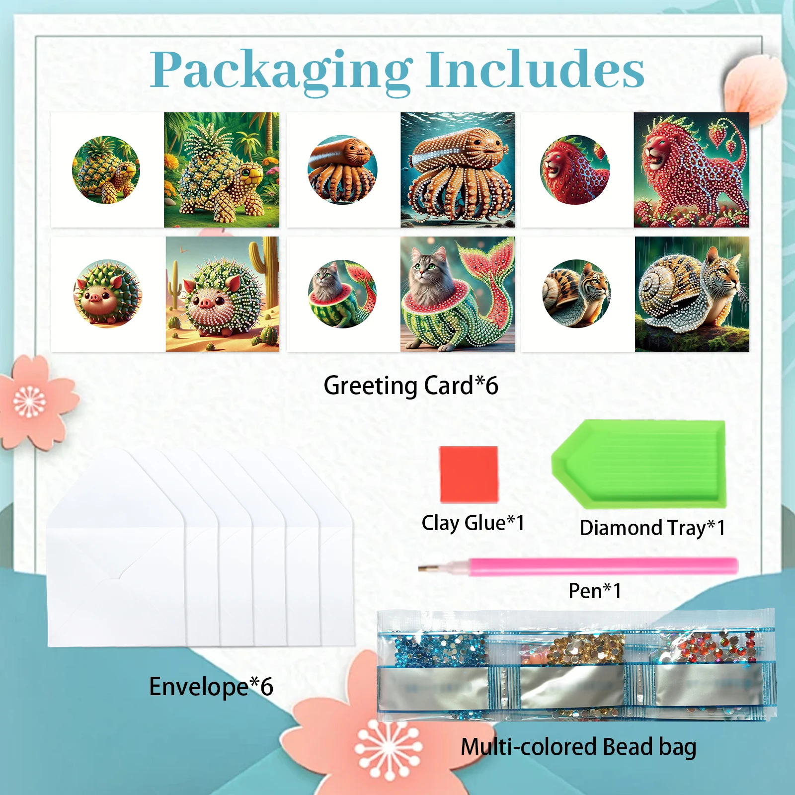 6 قطع من مجموعات بطاقات المعايدة للرسم الفني الماسي، بطاقات تهنئة لموضوع المهرجان مع مغلفات بطاقات عيد ميلاد حرفية ماسية هدية
