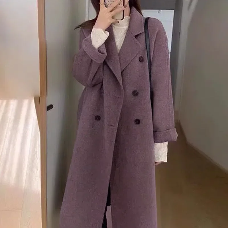 

Классическое двубортное однотонное пальто средней длины, женский костюм на осень-зиму, Новое поступление, корейская версия, женский костюм