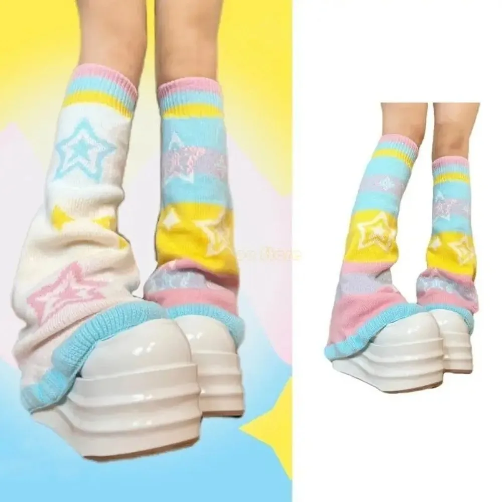 1 pair Jacquard Star Pattern Leg Warmers Candy Color Flared Design Knee-Length Socks Rainbow Color Knitted Socks Women Girls