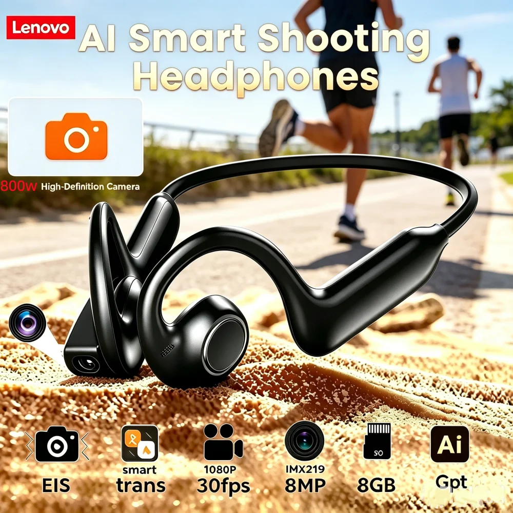 Écouteurs sportifs intelligents Lenovo 4K avec caméra 8MP, traduction, chat, Wi-Fi, enregistrement vidéo et Bluetooth 5.4 pour le cyclisme