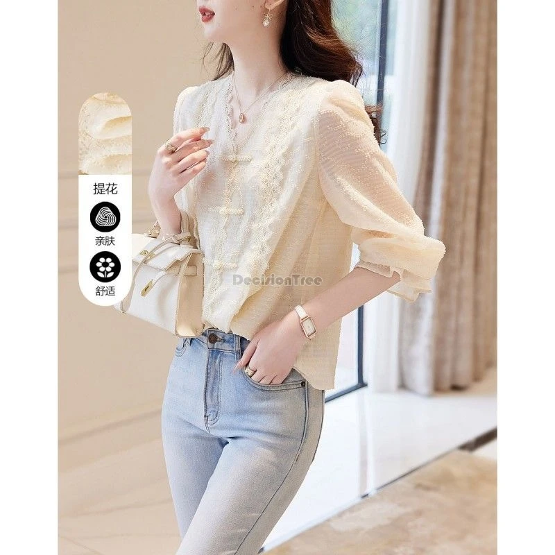 2024 chinese beige long-sleeved v-neck button shirt women spring new elegant national style elegant tang suit qipao blouse b45