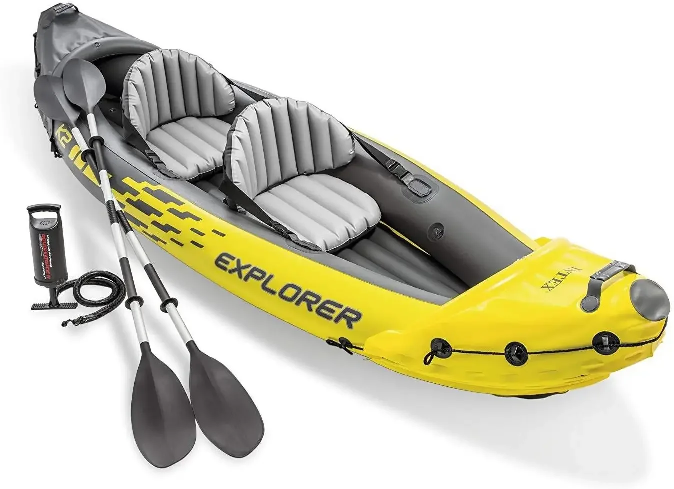 Intex 68307EP Explorer K2 Inflatable Kayak Set: includes Deluxe 86in Aluminum Oars and High-Output Pump – SuperStrong PVC – Adju