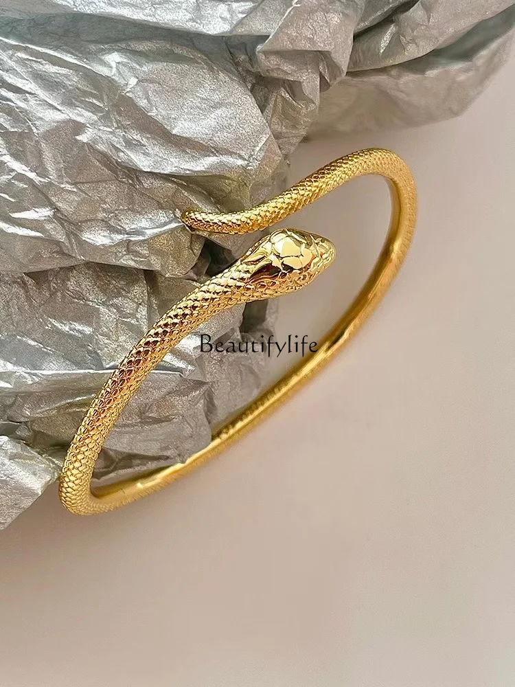 

French Ancient Handmade Design Golden Nature Simulated Snakes Bangle Jewelry