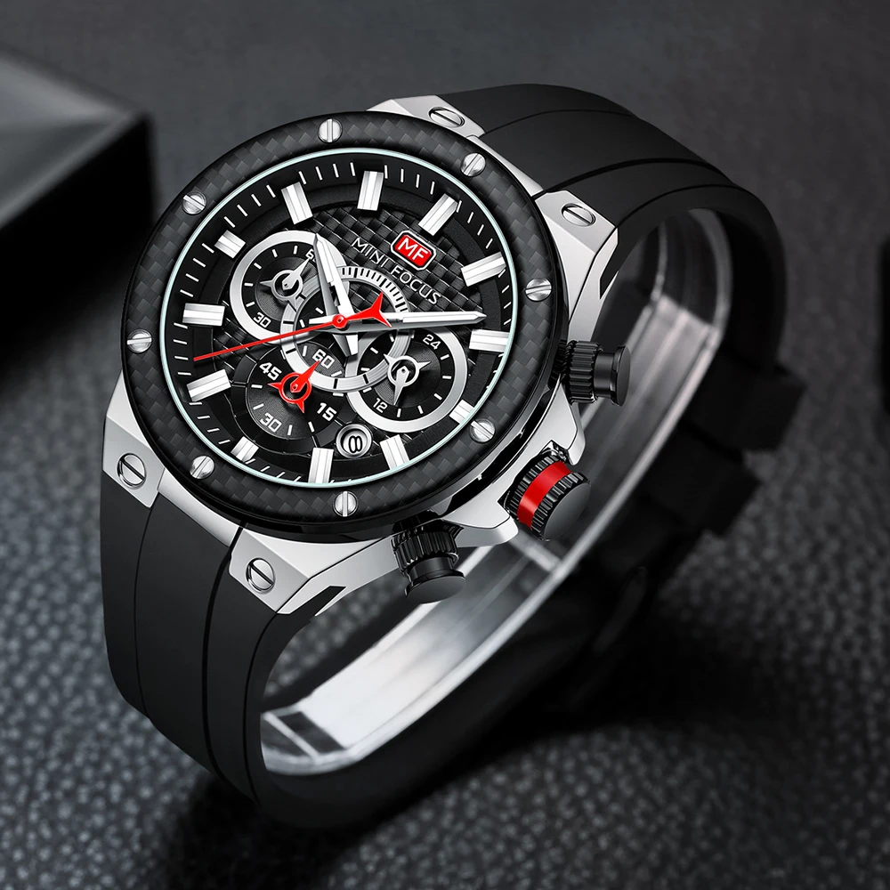 MINI FOCUS Fashion Racing Quartz Watch for Men Multifunction Dial Silicone Strap Luminous Hands Luxury Waterproof Watches 0468G