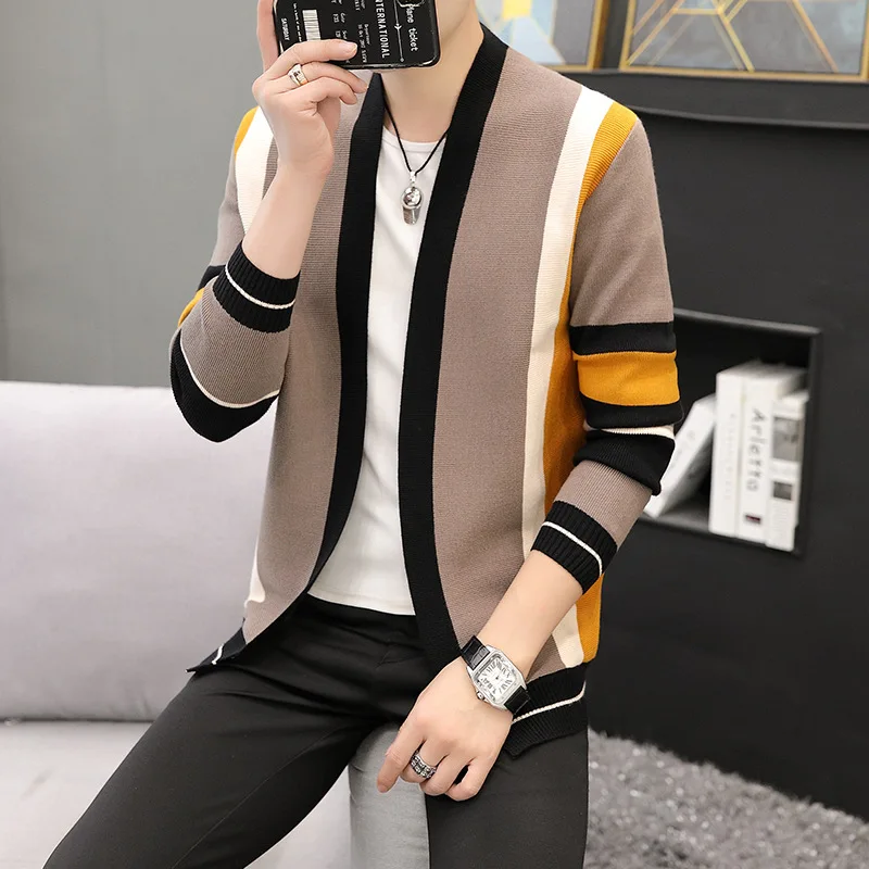 Autumn Fashion Knitted Jacket Men Cardigan Sweater Slim Stripe Sweater Coats Men Casual Color Matching Spring Jackets  MY653