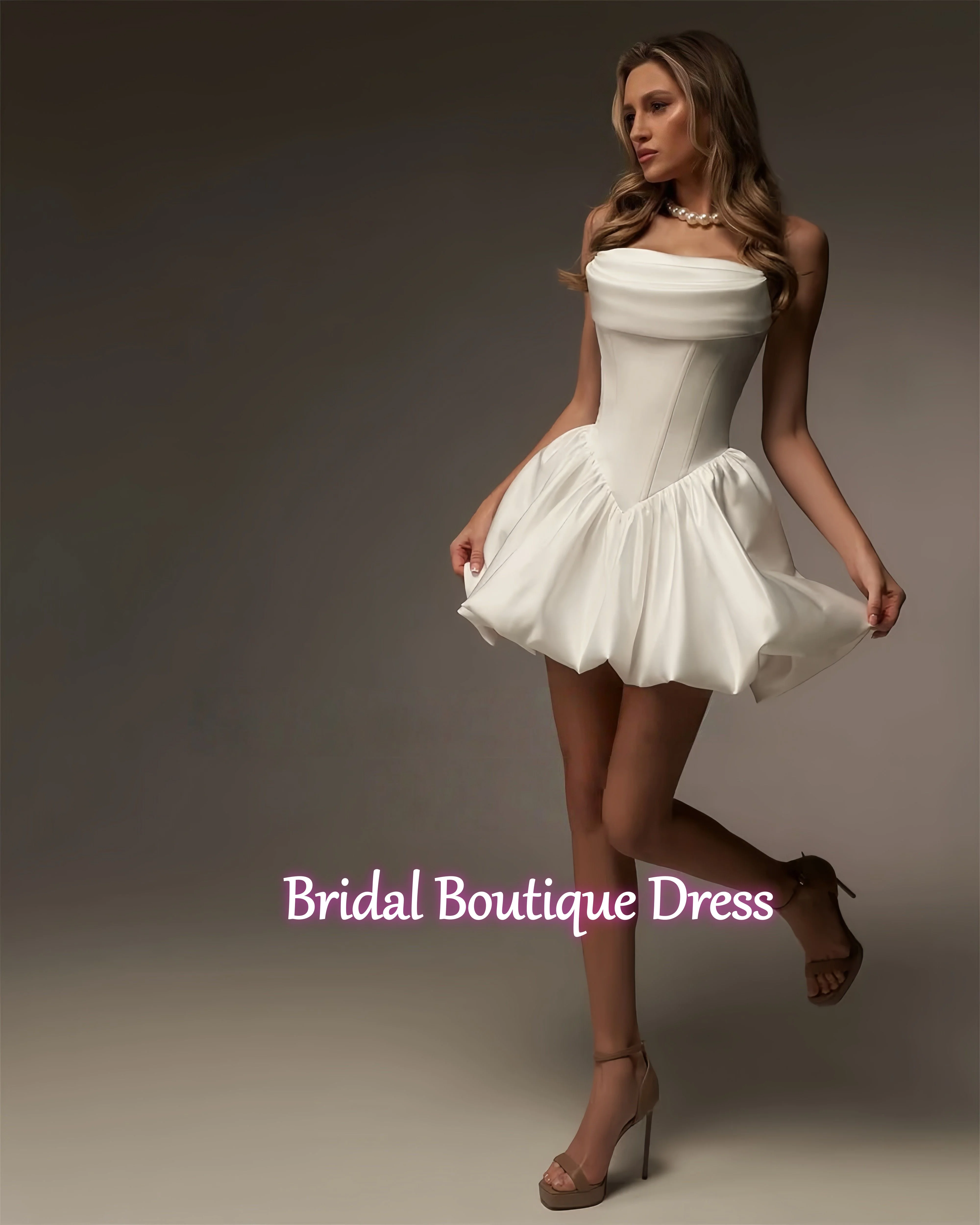 Vintage Satin Wedding Party Dresses Strapless Short A Line Ivory Lace Up Back Vestidos Para Mujer Bridal Gowns Customized