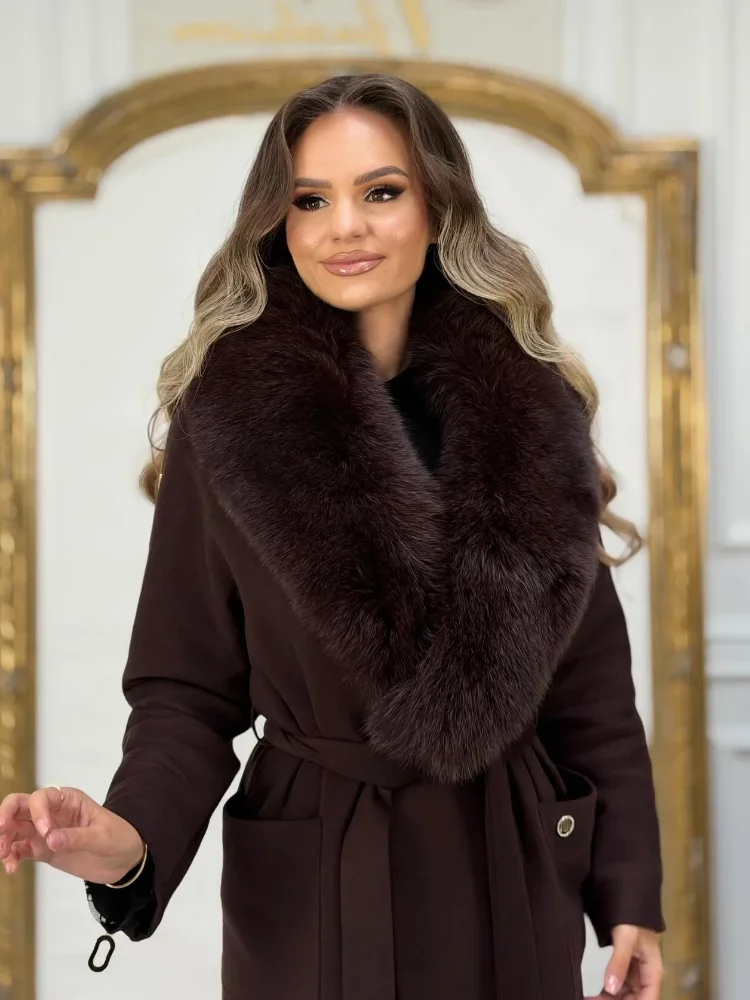 Chic Lace Up Fur Collar Patchwork Woolen Overcoat Women Solid V-neck Full Sleeve Loose Coats 2026 Lady High Street Warm Outwears