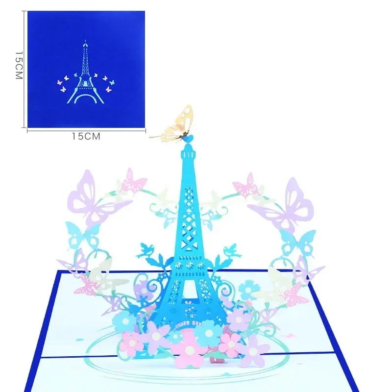 1 pop-up color printed Eiffel Tower and butterfly 3D greeting card personalized gift birthday gift blessing information card