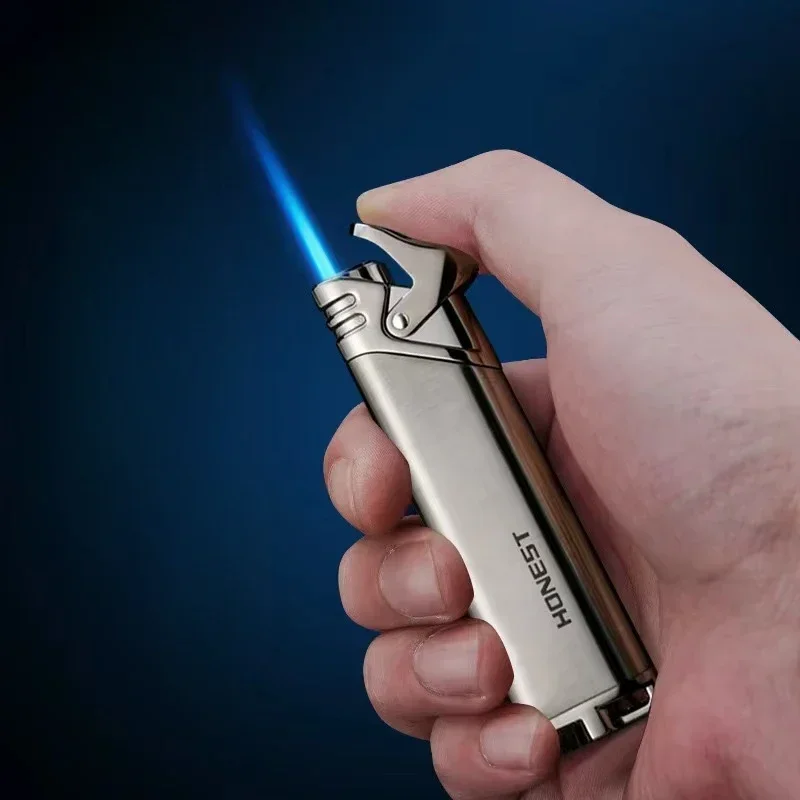 HONEST Straight Metal Ultra-thin Ultra-thin Jet Torch Straight Inflatable Windproof Butane Lighter Metal Blue Flame Fashion Gift