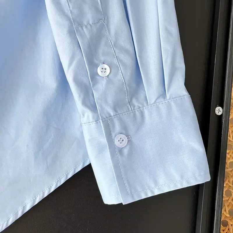 Withered British Fashion Women's Casual Shirt Autumn Retro Boyfriend Wind Cotton Large Pocket Loose Blue Shirt Women