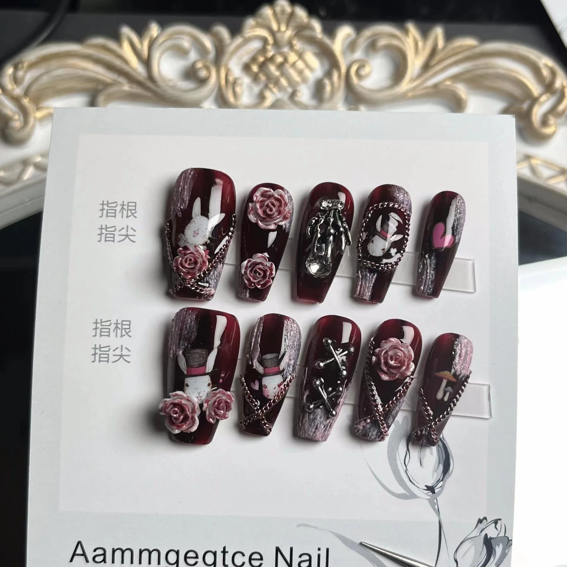 

Handmade Y2k Press on Nails Goth Style Black and Red Halloween Fake Nails with Design Full Cover Long Coffin Acrylic Nail Tips