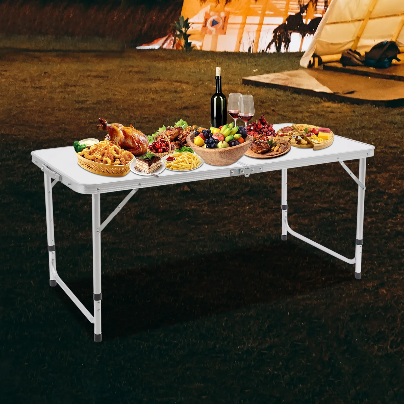 

Outdoor Folding Table, Adjustable Height Portable Foldable Desk 120*60cm Rectangular Floor Mount for Camping, Picnics, Weddings