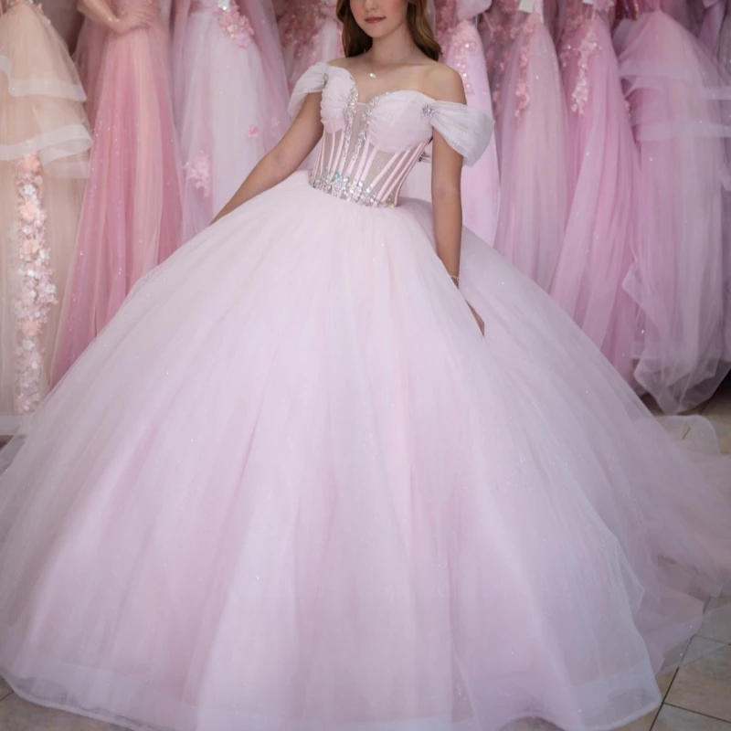 

Light Pink Shiny Quinceanera Dresses Off The Shoulder Beading Crystal Tull Party Birthday Sweet 16 Dress Vestidos 15 De Anos