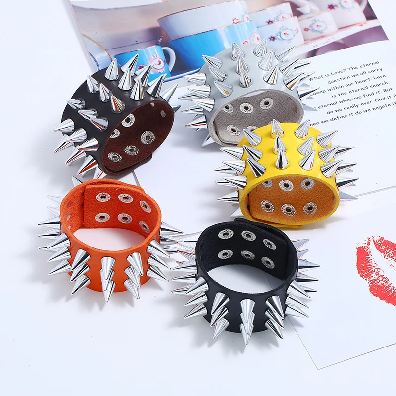 Factory Direct Punk Non-mainstream Exaggerated Leather Bracelet Three Rows of Spikes Imitation Leather Bracelet Bar Bracelet Men