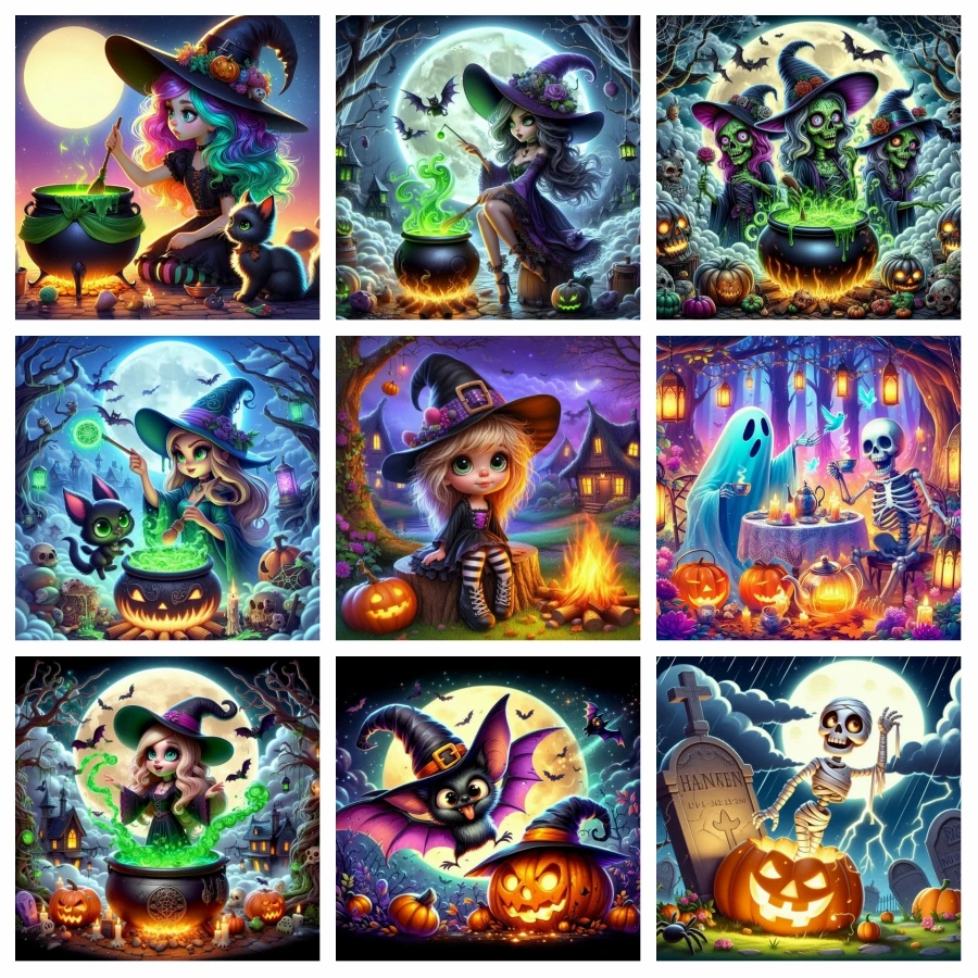 Halloween Hexen mädchen mit schwarzer Katze Cartoon Diamant Kunst Malerei Horror Ghost Jack o Laterne Kreuz stich Mosaik Wand dekoration