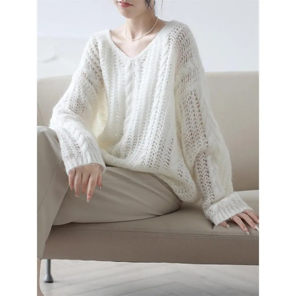 Damen-Pullover im französischen Stil mit V-Ausschnitt und hohlem Strickpullover, elegant, frühes Frühlings-Herbst-Winter-Basisschichthemd, westliche Top-Kleidung
