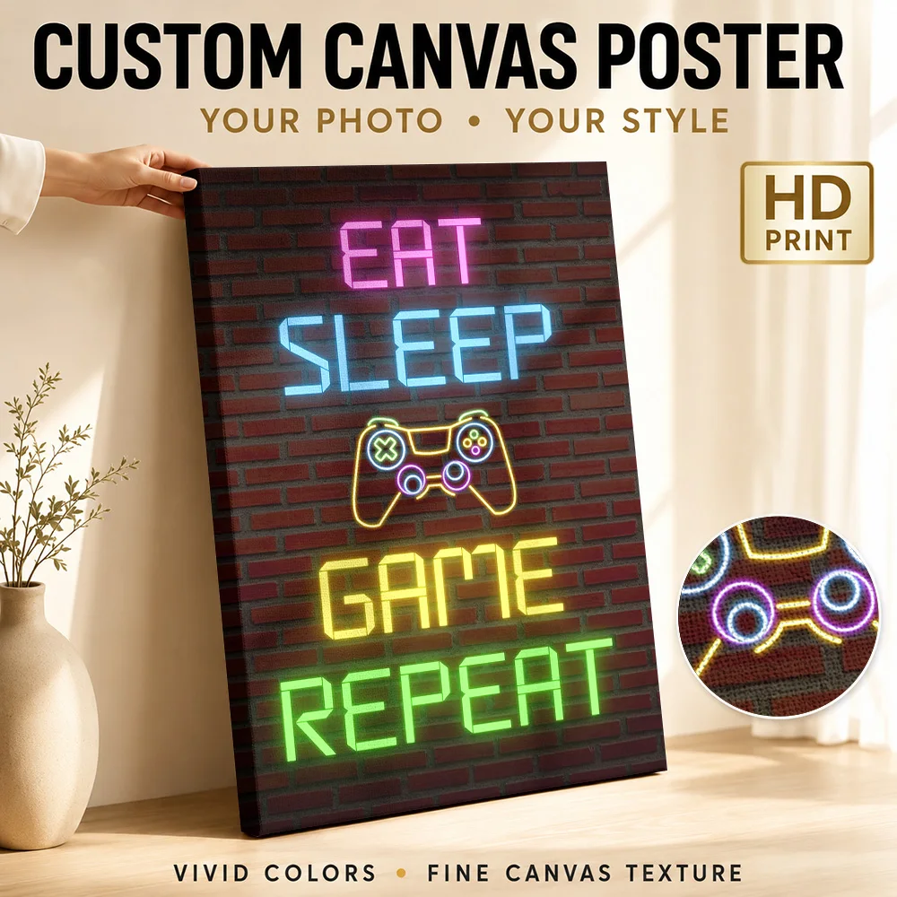 Eat Sleep Game Repeat Neon Sign Framed Canvas Posters Electric Style Wall Art With Personalized Photo For Study Ideal Teen Gift