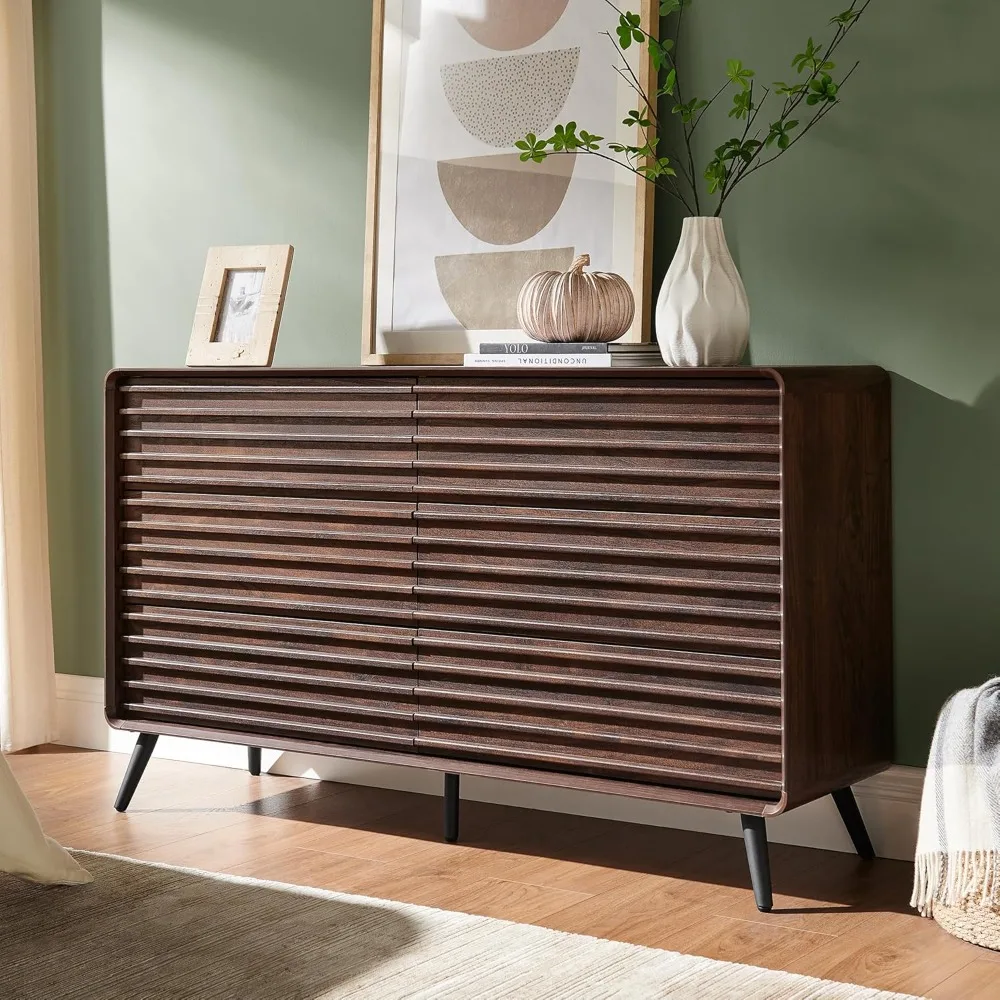 

6 Drawers Dresser for Bedroom, 54'' Wide Mid Century Modern Wood Fluted Double Dresser