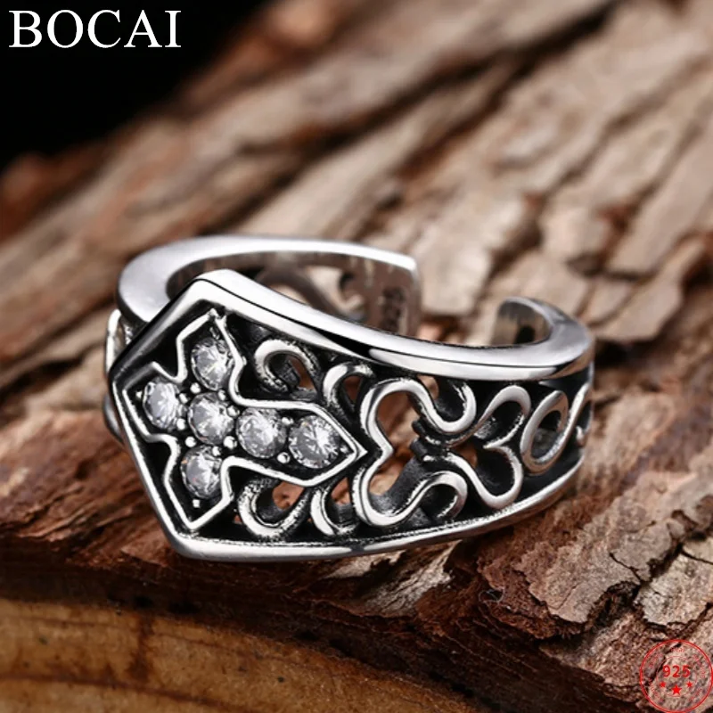 

BOCAI S925 Sterling Silver Charms Rings for Women Men New Fashion Hollow BEternal Rattan Zircon Cross Punk Jewelry Wholesale