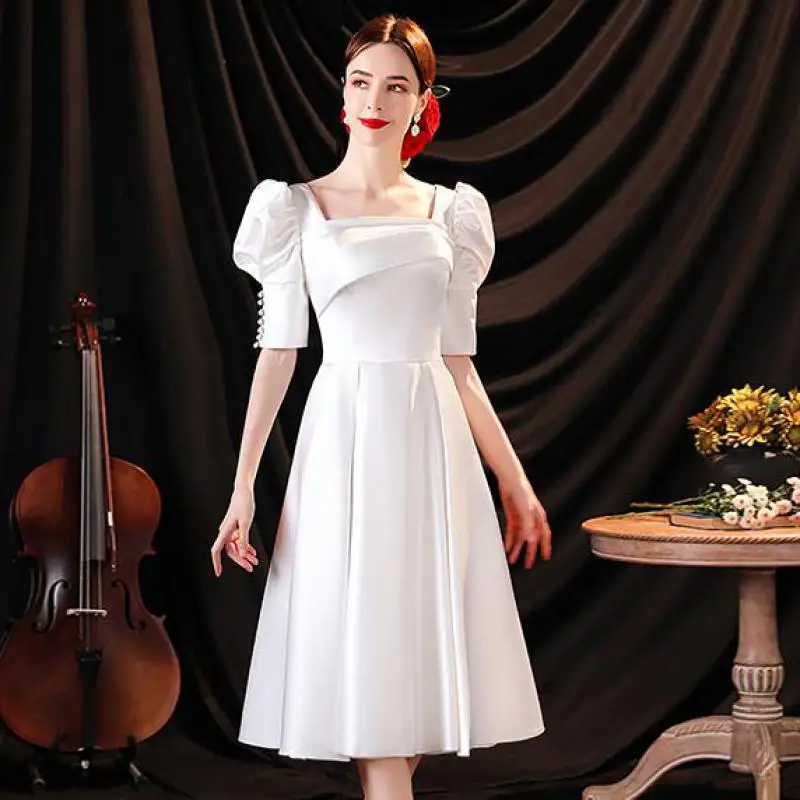 Sequare Collar Women White Prom Party Dress Pearl Buckle Patchwork Qipao Robe De Soiree Half Sleeve Women Elegant Cheongsam