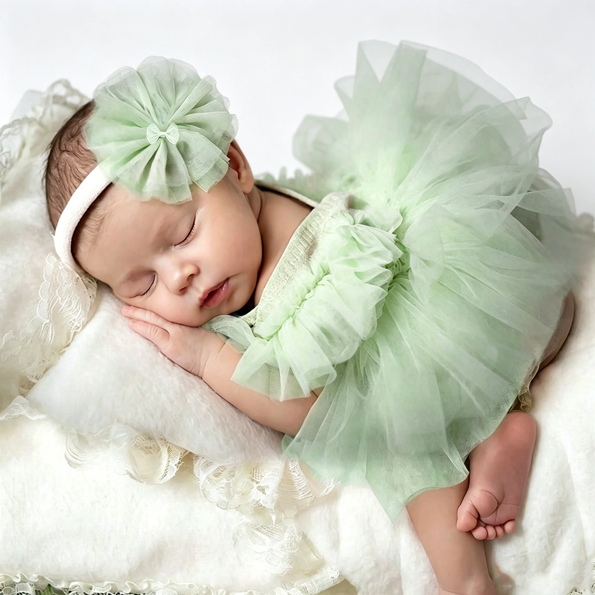 Ylsteed Newborn Photography Outfit Baby Tutu Dress + Headband Set 0-3M Soft Tulle Romper Princess Costume Photo Shoot Clothing view 2