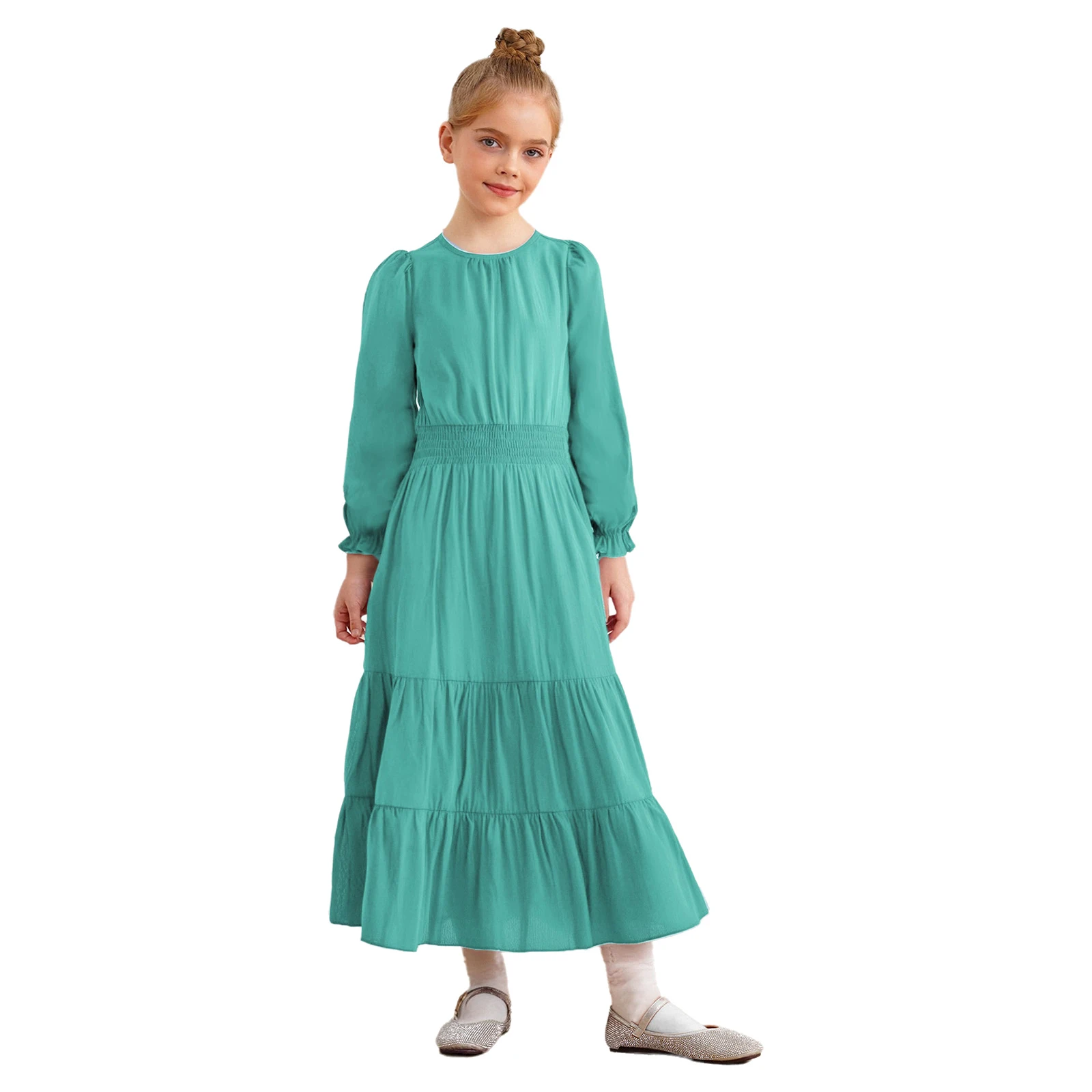 

Kids Girls Dress Spring Autumn Casual Dress Long Puff Sleeves Smocked Waist Tiered Ruffled Maxi Dress for Wedding Birthday Party
