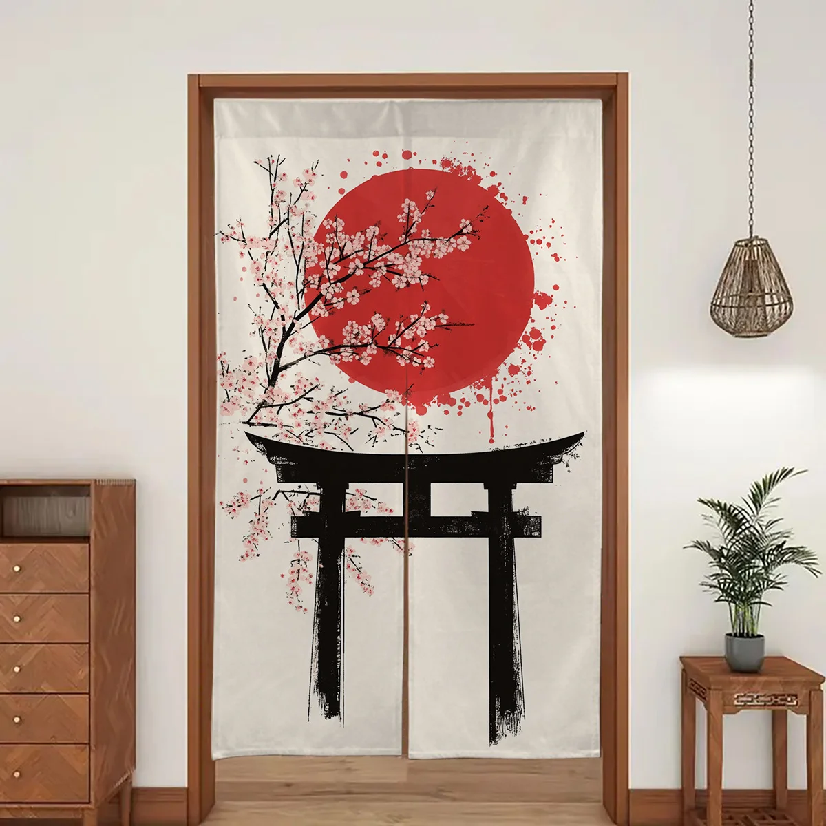 Japanese Torii Cherry Blossom Door Curtain - Traditional Scenic Motif Room Divider Privacy Drape for Kitchen Bathroom