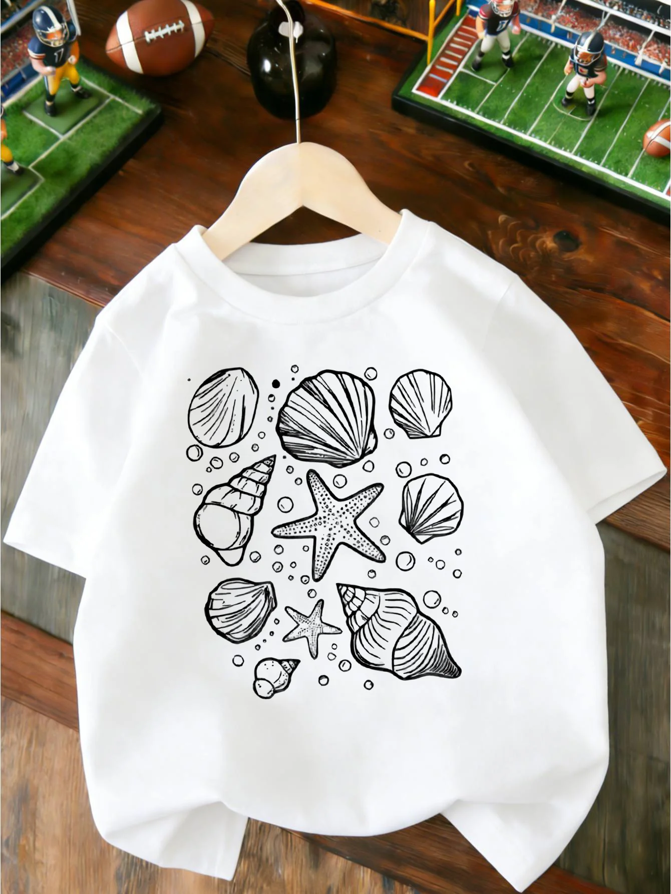 Hand Drawn Seashell Starfish Ocean Elements Print T Shirt Boys Girls Lovely Short Sleeve Tee Family Matching Kids Cotton Tops