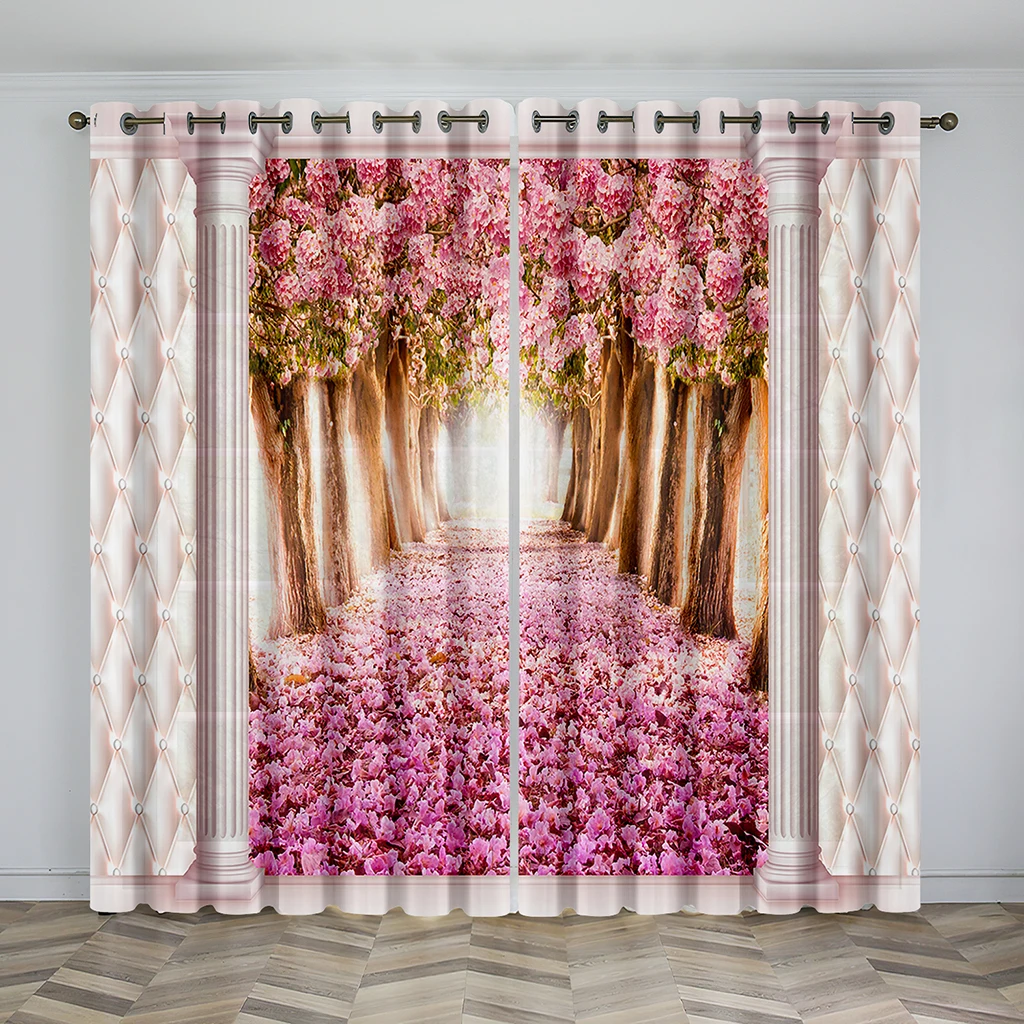 3D Spring Pink Flower Wedding Modern Rose Cherry 2 Pieces Free Shipping Thin Window Drape Curtain for Living Room Bedroom Decor