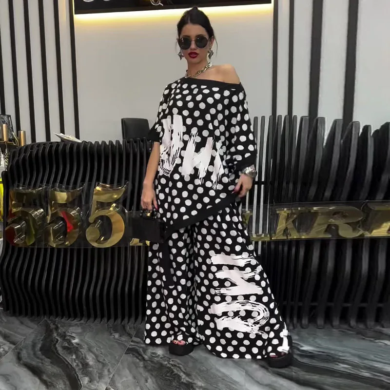 

Fashionable Street Style Women's Two-piece Sexy Sloping Shoulder Collar Oversized Polka Dot Printed Top Loose Wide Leg Pants Set