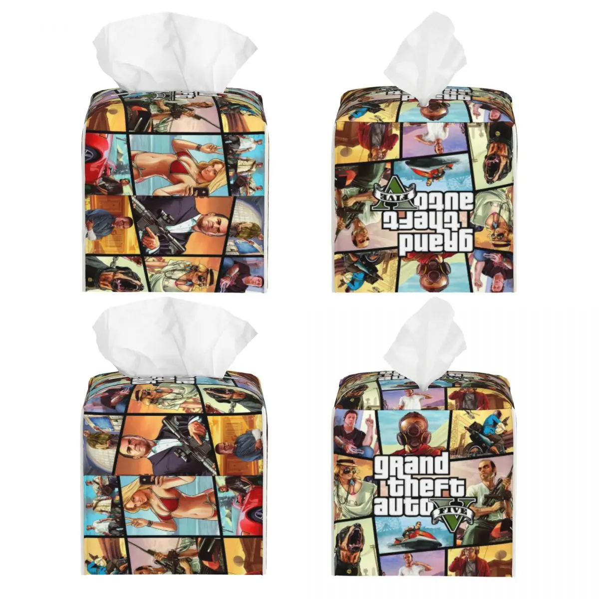 Custom GTA 5 Video Game Tissue Box Cover PU Leather Square Grand Theft Auto Facial Tissue Box Holder for Bathroom Car