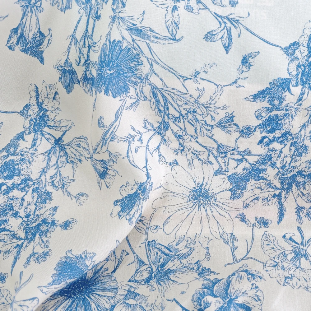 55'' Wide By Meter Chinese Blue White Floral Fabric Rayon Dress Gown Robes Fabric Viscose
