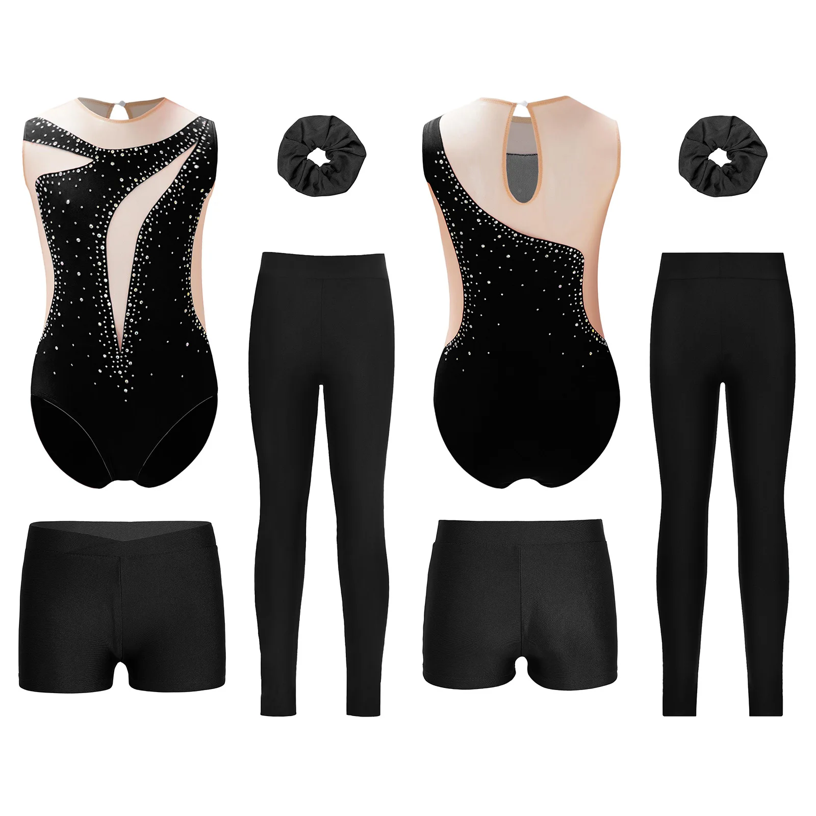 

Girls Elegant Figure Skating Costume Shiny Patchwork Leotard with Matching Shorts And Leggings Hairband Ballet Dance Costume