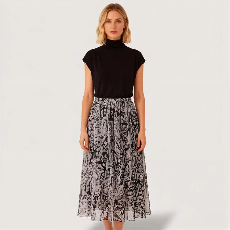 Women Silk Skirt 100% Mulberry Silk Cashew Printed Elastic Waist A-Line Skirts With Silk Lining 2026 Summer Beach Big Hem M1592