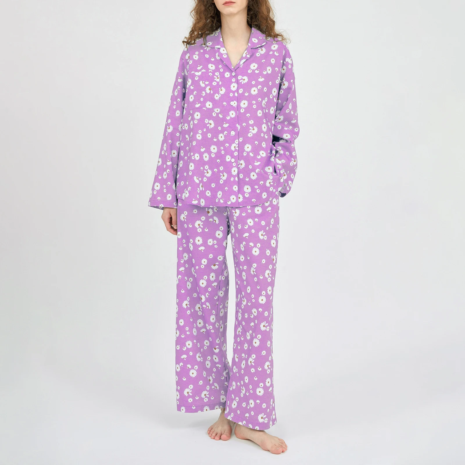 Women’s 2 Piece Pajama Set Long Sleeve Daisy Print Button Up Shirt Pants Set Sleepwear Loungewear